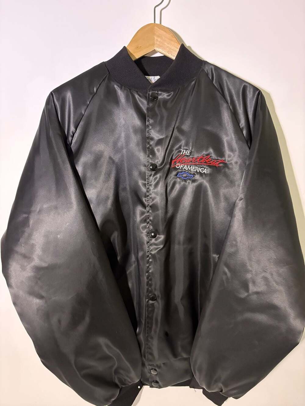 Vintage Chevrolet Satin Jacket Size L Heartbeat Of America Black